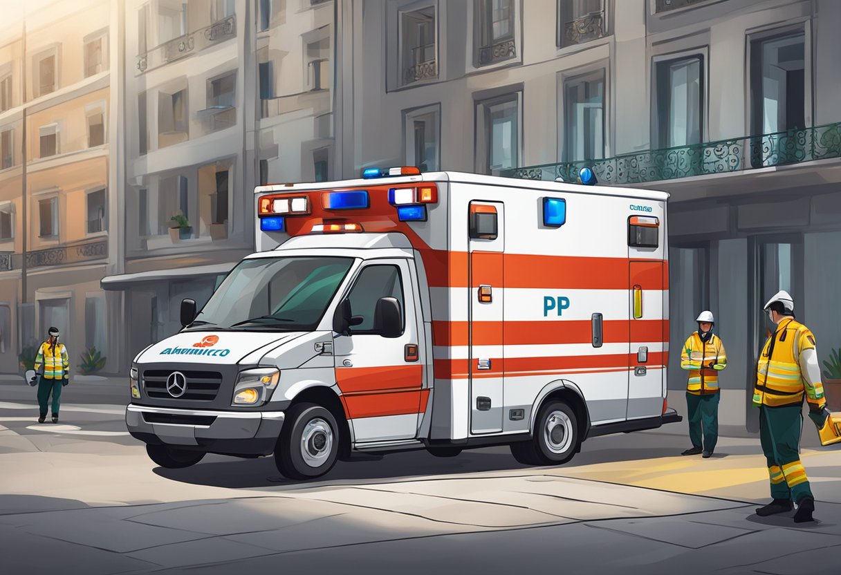 An ambulance with "Serviço de Atendimento Móvel de Urgência" logo parked outside a building, with its lights flashing and paramedics attending to a patient on a stretcher