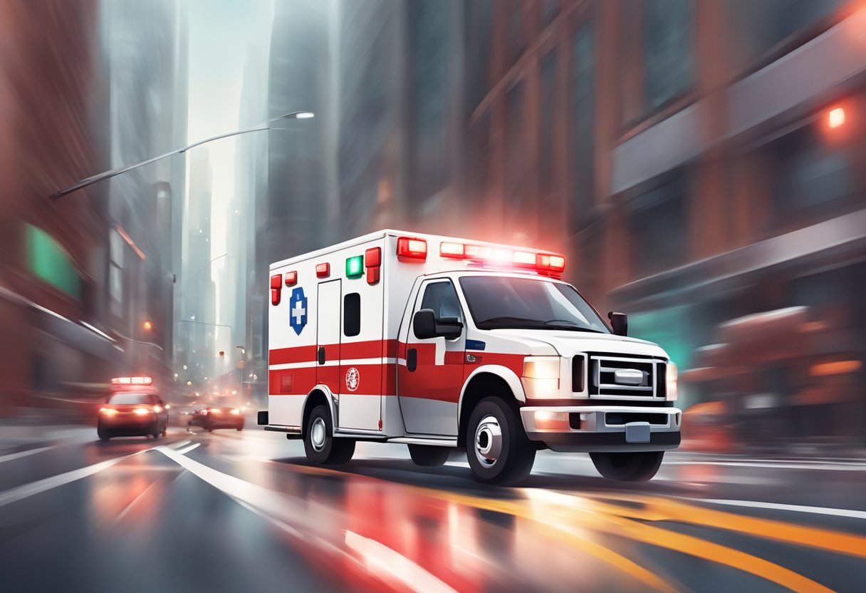 A red and white ambulance with flashing lights and sirens rushing down a busy city street
