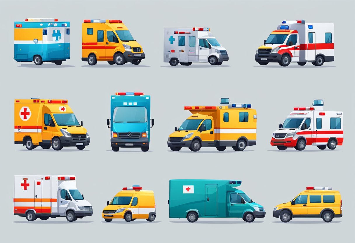 Several types of ambulances with various medical equipment and supplies displayed