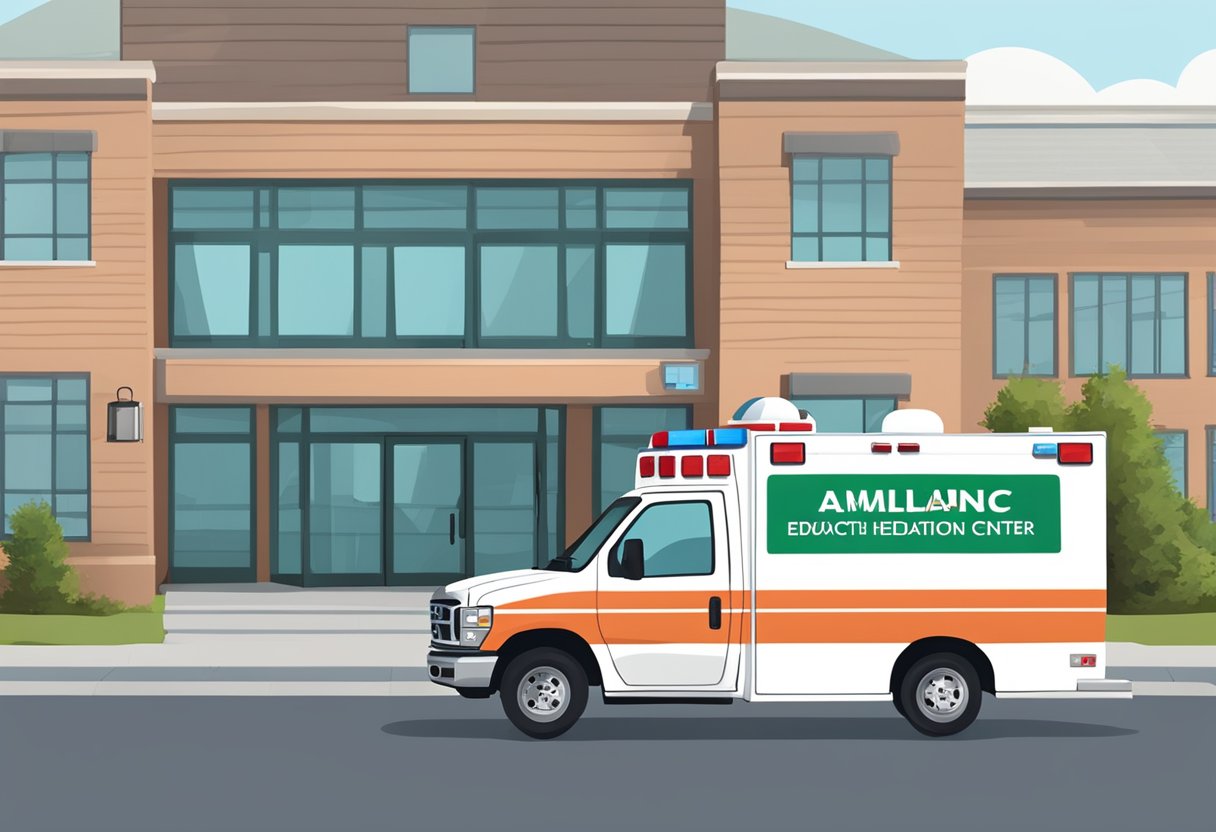 An ambulance parked outside a health education center with prevention strategies displayed