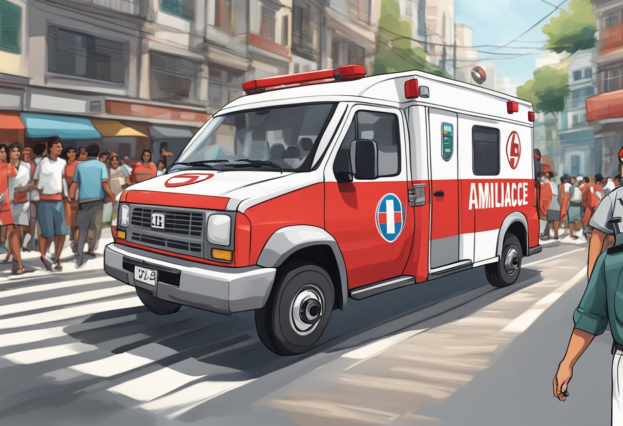 A red and white ambulance with flashing lights and sirens speeds through a crowded city street in Brazil. The number "192" is prominently displayed on the vehicle's exterior