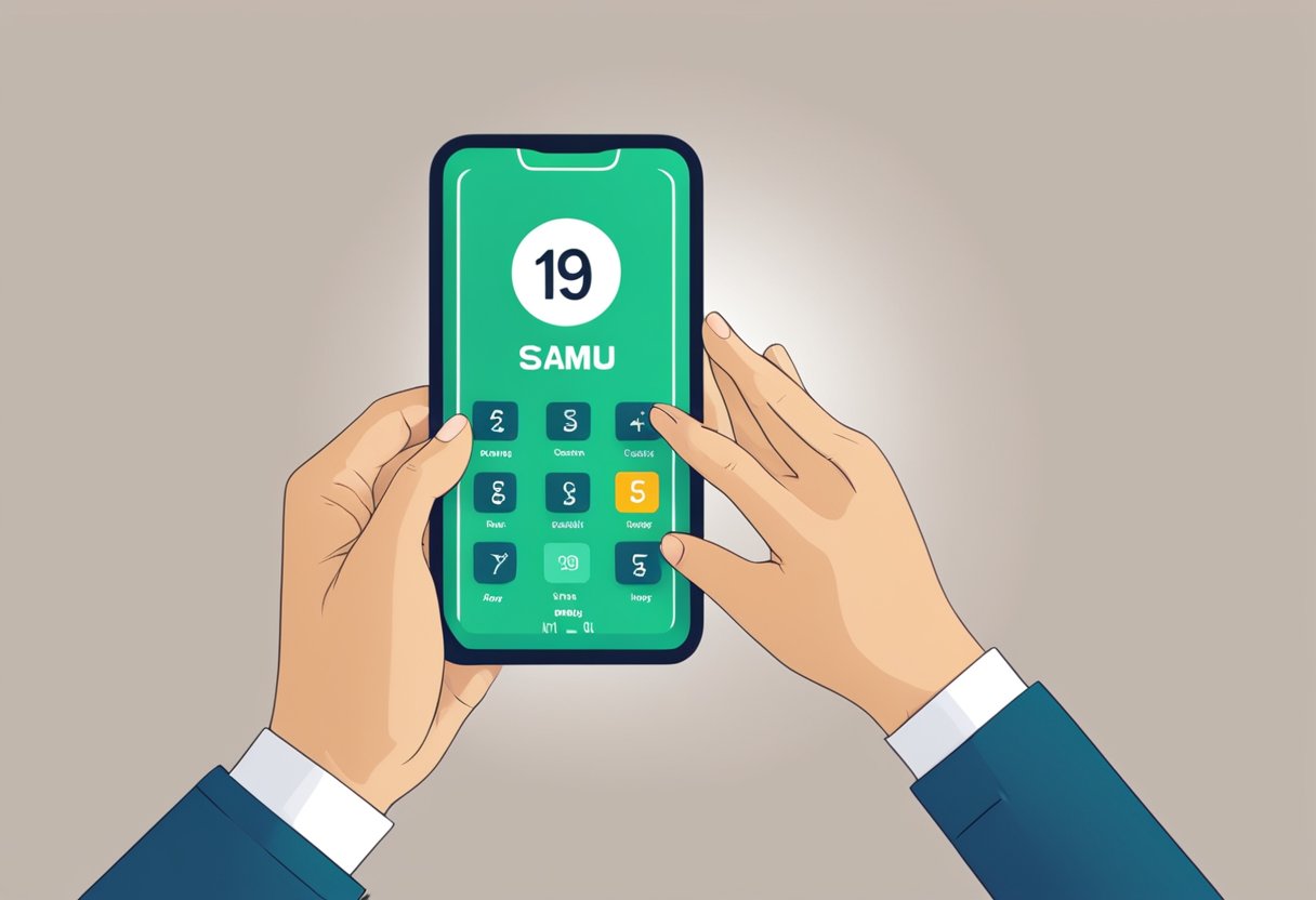 A person dialing 192 on a smartphone, with the SAMU logo displayed on the screen