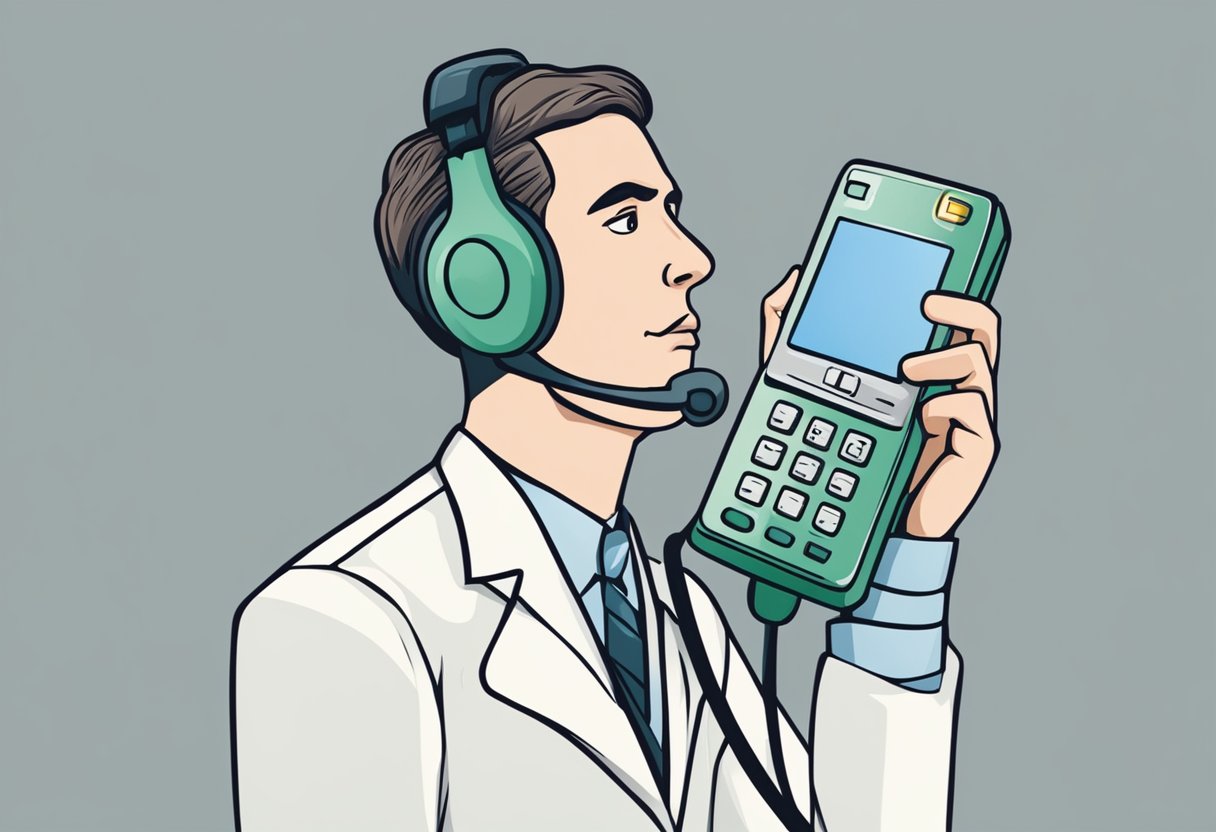 A person dialing a phone with "Ambulance" written on it, with a concerned expression