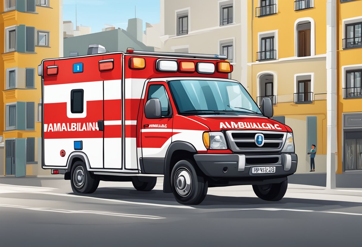 A red and white ambulance parked outside with "Número da Ambulância" written on the side in bold letters