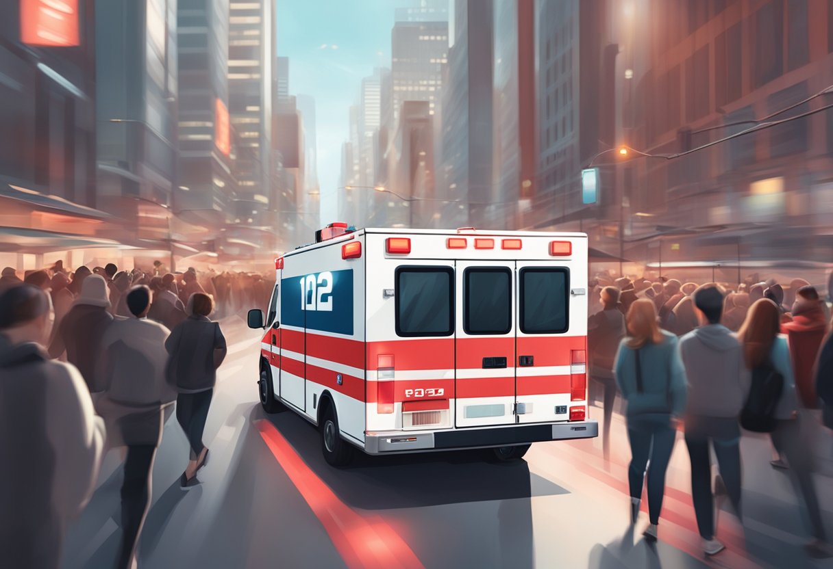 A red and white ambulance with flashing lights and the number "192" displayed prominently on the side, rushing through a crowded city street