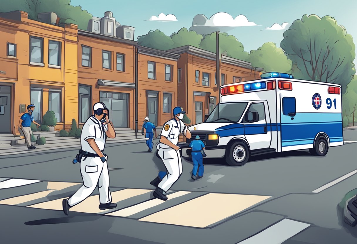 A phone with the number 911 dialed, a person in distress, and a paramedic rushing to the scene in an ambulance