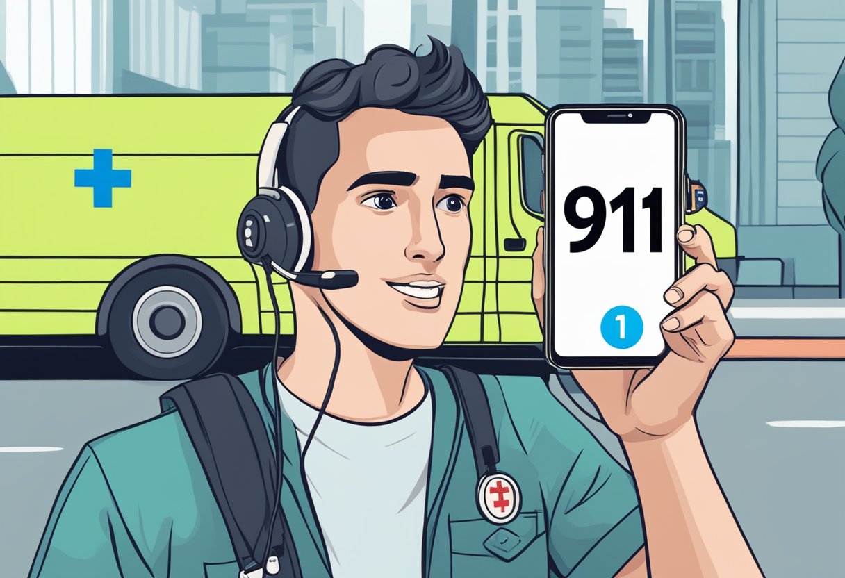 A person calling for an ambulance, holding a phone with the number 911 displayed, with urgency and concern on their face