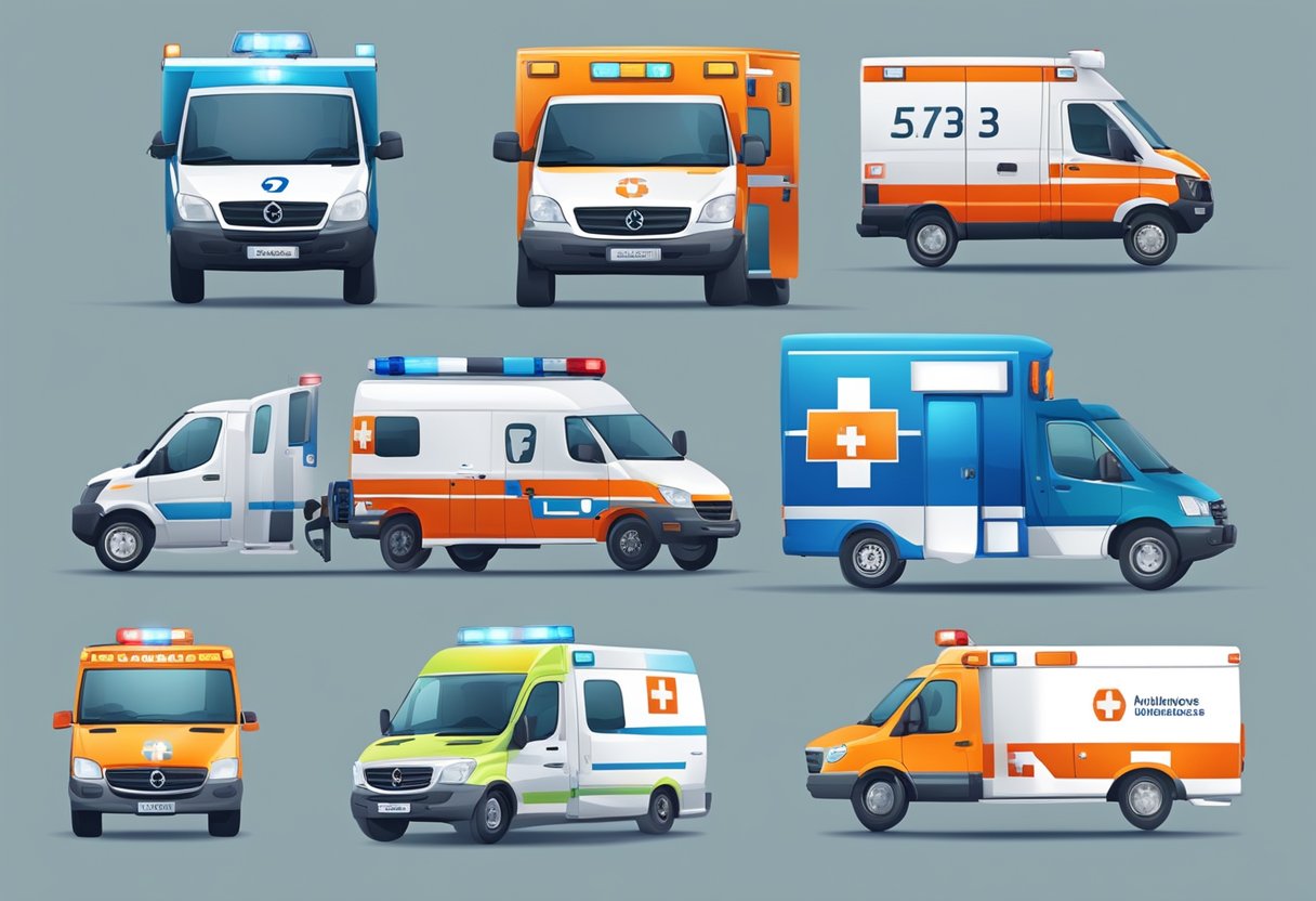 Various types of ambulances and services, with the ambulance number displayed prominently