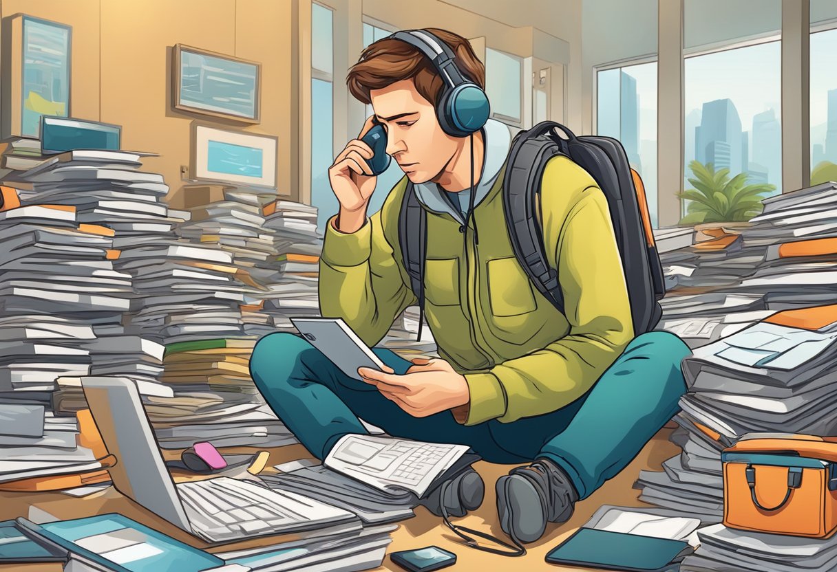 A person frantically searching for a phone number, surrounded by non-emergency situations