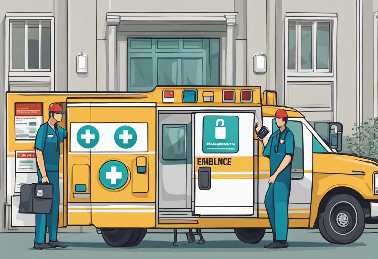 A phone with "Emergency Preparation, what's the ambulance number?" displayed