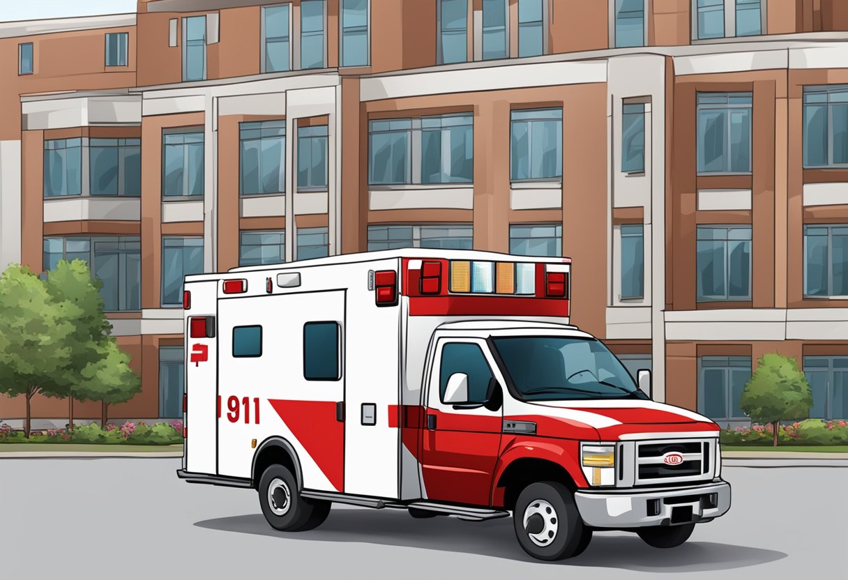 A red and white ambulance parked outside a hospital, with the number "911" displayed prominently on its side