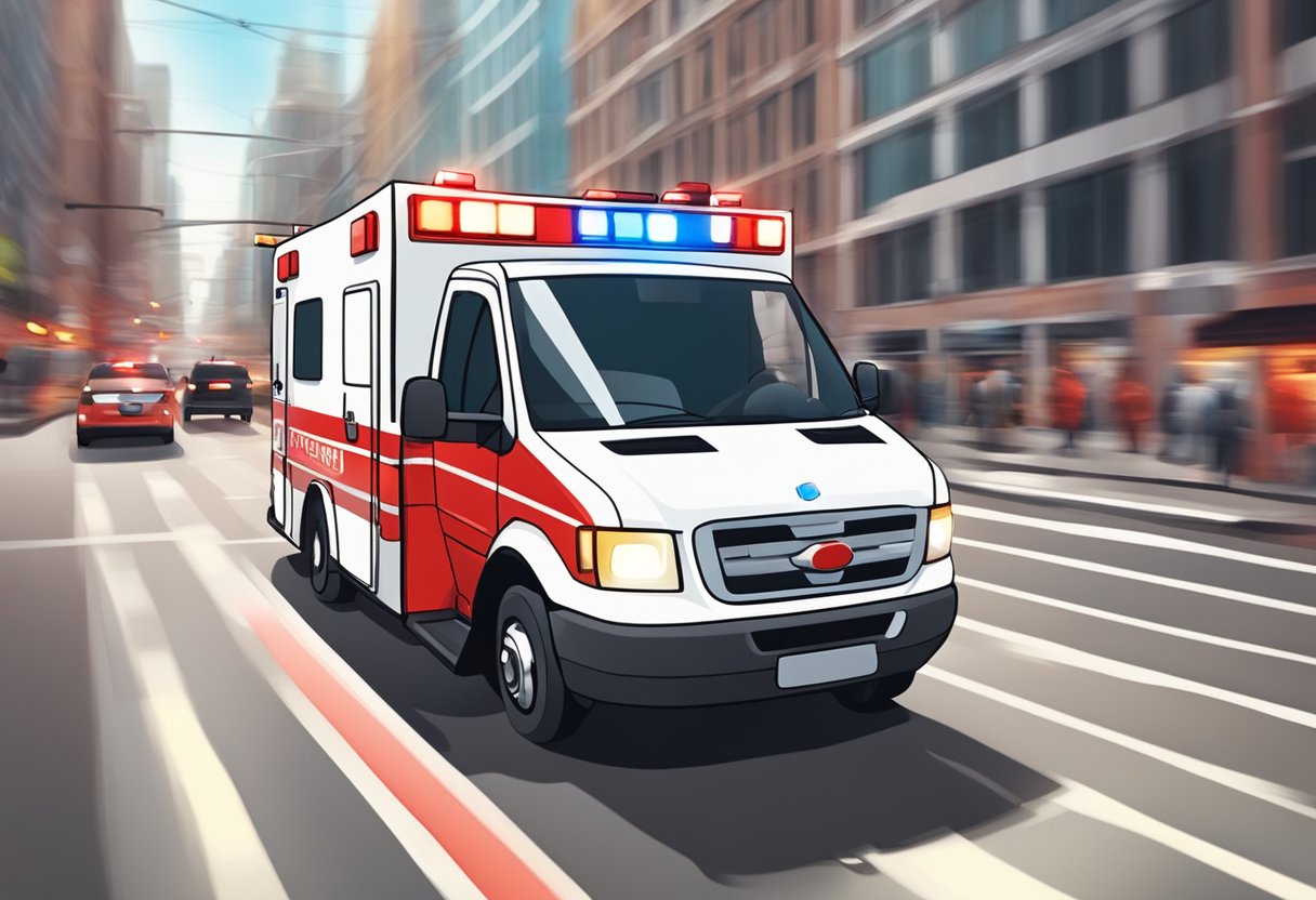 A red and white ambulance with flashing lights and sirens speeds through a busy city street, rushing to an emergency