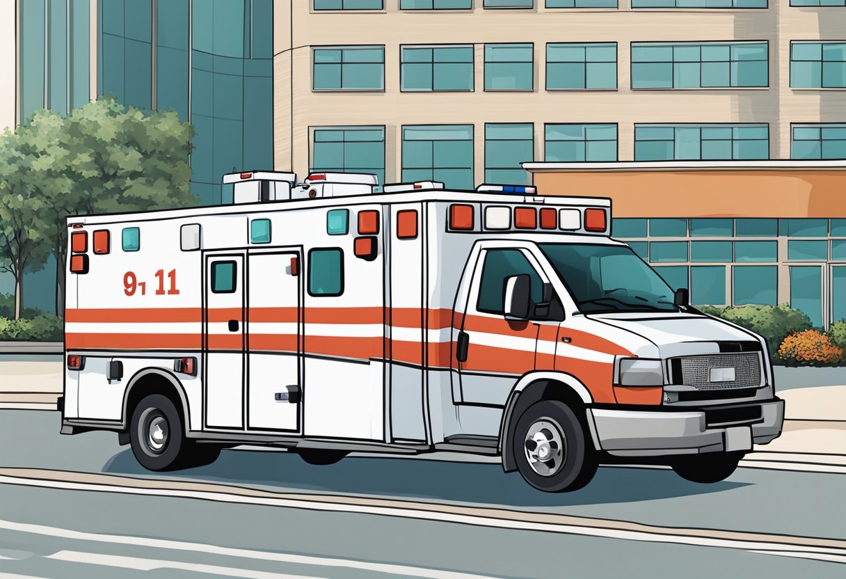 An ambulance with its emergency lights flashing, parked outside a hospital. The number "911" is prominently displayed on the vehicle