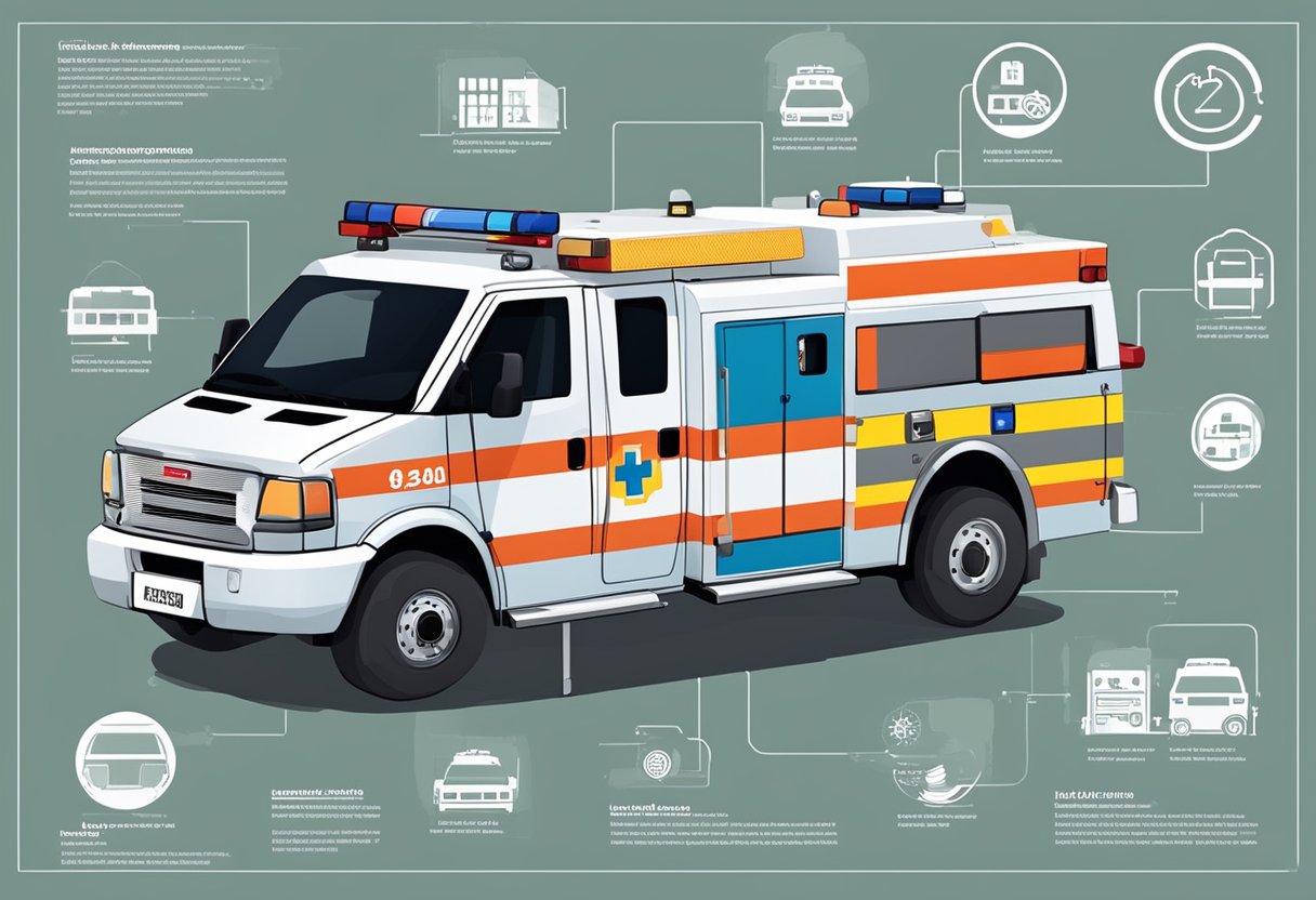 Emergency vehicle with "Ambulância" and number displayed, surrounded by relevant legislation and norms signage