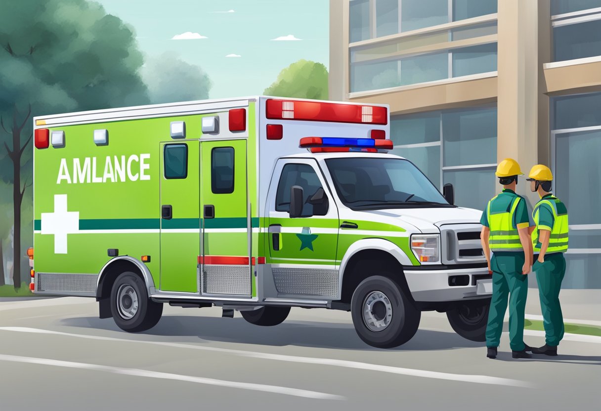 An ambulance with equipment and a team. Visible number on the ambulance