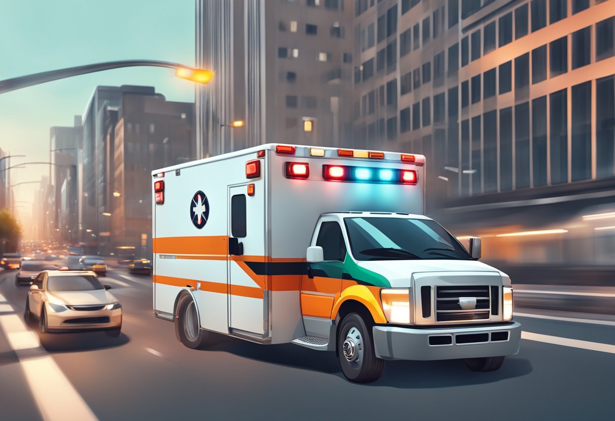 An ambulance with flashing lights and sirens speeds through traffic towards an emergency