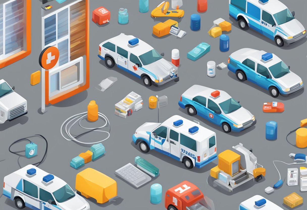 A phone with the number "911" dialed, surrounded by medical supplies and a flashing ambulance in the background