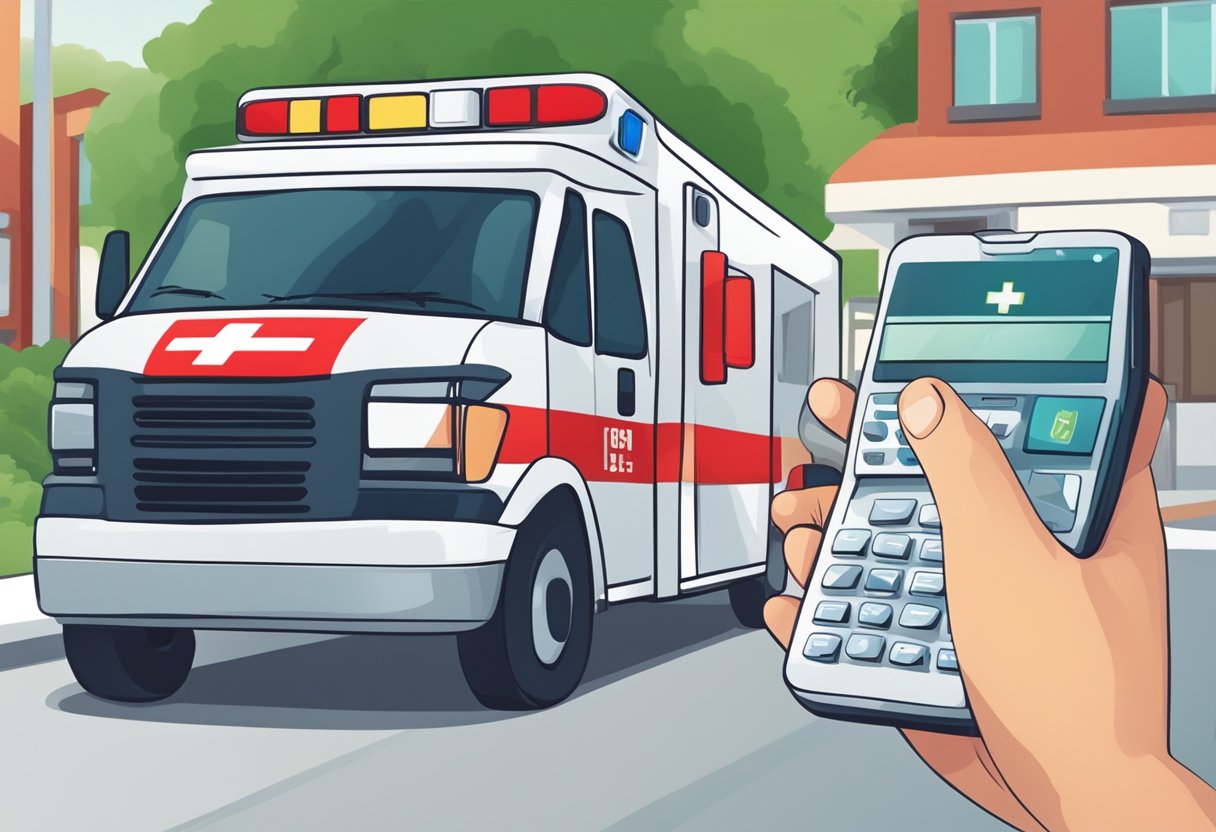 Emergency scene: Person dialing emergency number on a phone, with ambulance in the background