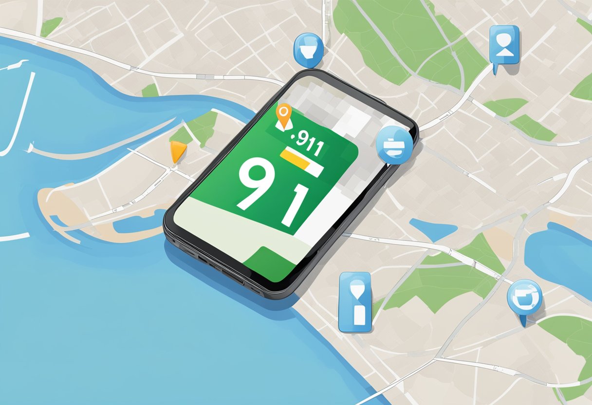 A phone with the number "911" displayed on the screen, next to a map showing the location of an ambulance