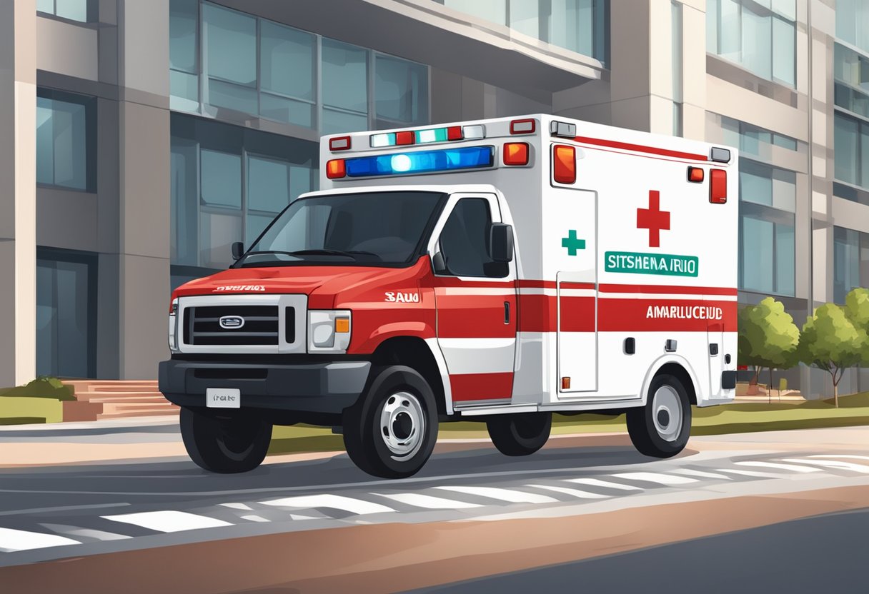 Qual é o Número da Ambulância: Informações Essenciais para Emergências 4 A red and white ambulance parked outside a hospital, with the sign "Sistema Único de Saúde (SUS) e Atendimento de Emergência" displayed prominently