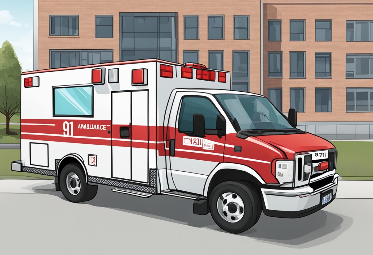 Qual é o Número da Ambulância: Informações Essenciais para Emergências 5 A red and white ambulance parked outside a hospital, with the number "911" clearly displayed on its side