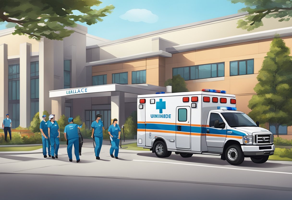 An ambulance with the Unimed logo parked outside a hospital, with paramedics assisting a patient on a stretcher