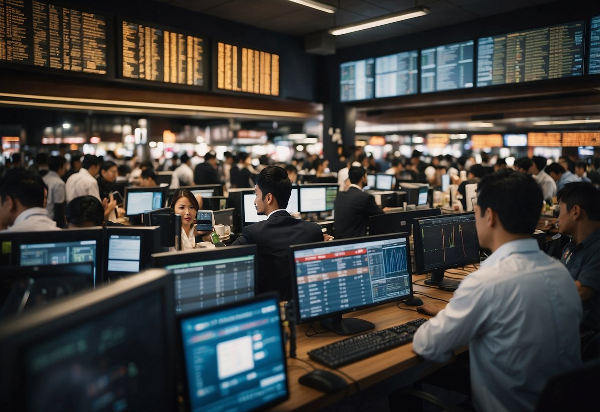 A bustling market with traders and customers, displaying stock data on screens and discussing market insights