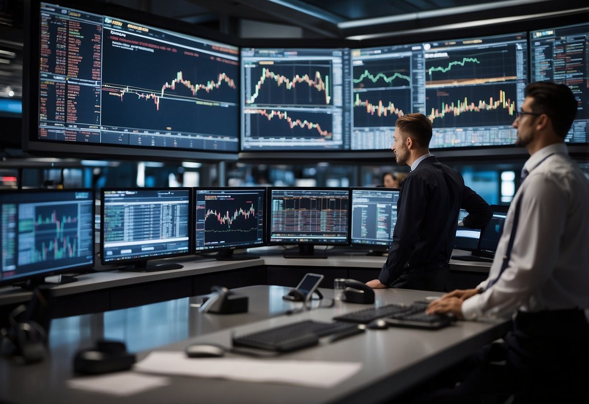 A bustling stock market floor with traders analyzing data on CRWD stock, charts and graphs projected on screens, indicating a bullish trend for 2025