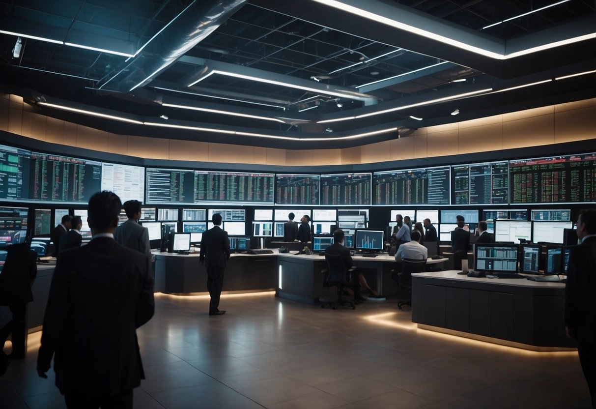 A bustling stock market floor with digital screens showing financial data and graphs, with analysts discussing earnings projections for CRWD stock in 2025