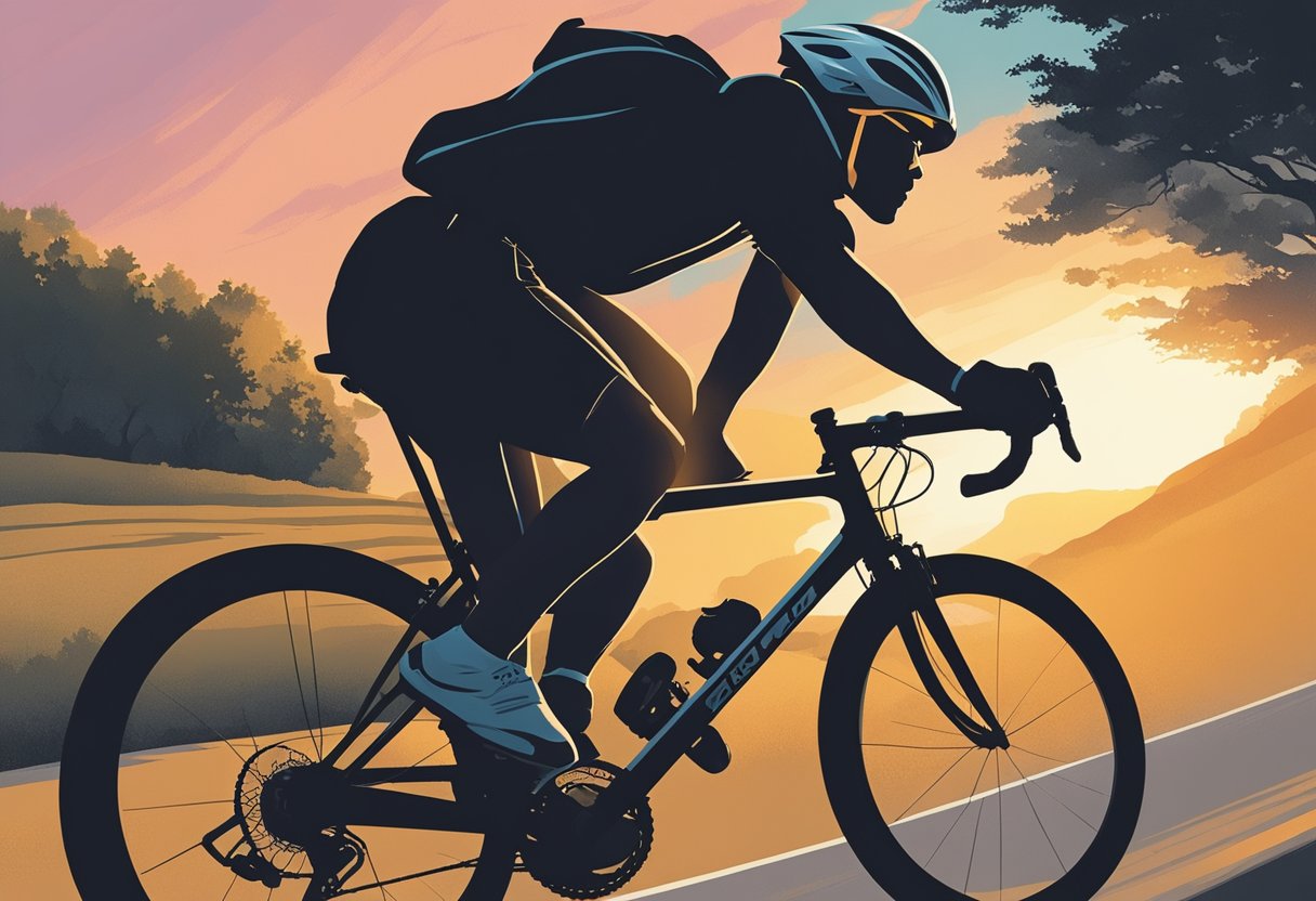 A man rides a bike uphill, with determination in his eyes. The sun sets behind him, casting a warm glow on the road ahead