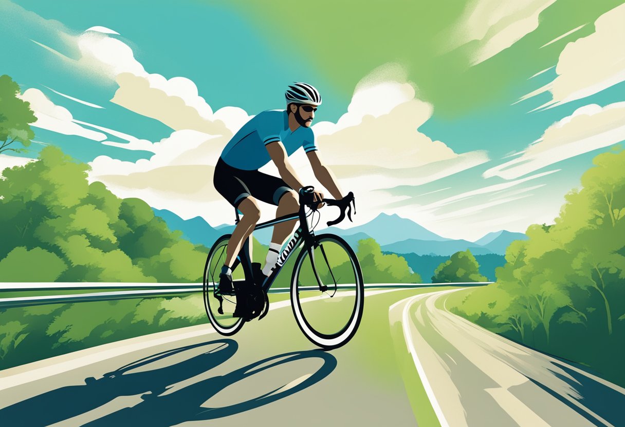 A cyclist riding through a scenic route, surrounded by lush greenery and clear blue skies, with a focus on the motion and energy of the activity
