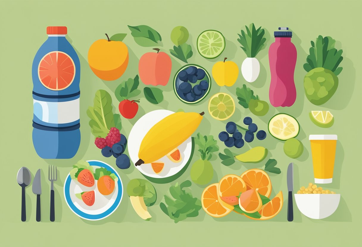 A cyclist's water bottle and a plate of healthy, colorful foods, with a focus on fruits, vegetables, and lean proteins