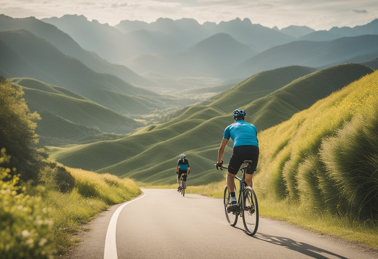 A man rides a bicycle through a scenic landscape, with a focus on the cardiovascular benefits of cycling for male cancer warriors