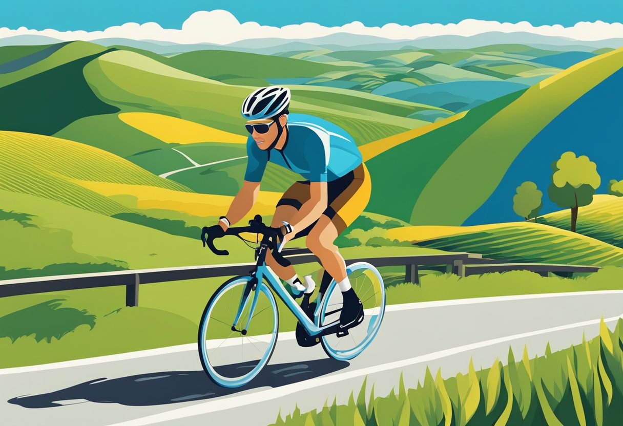 A cyclist riding through a scenic landscape, with rolling hills and a clear blue sky. The cyclist is wearing a helmet and brightly colored cycling gear