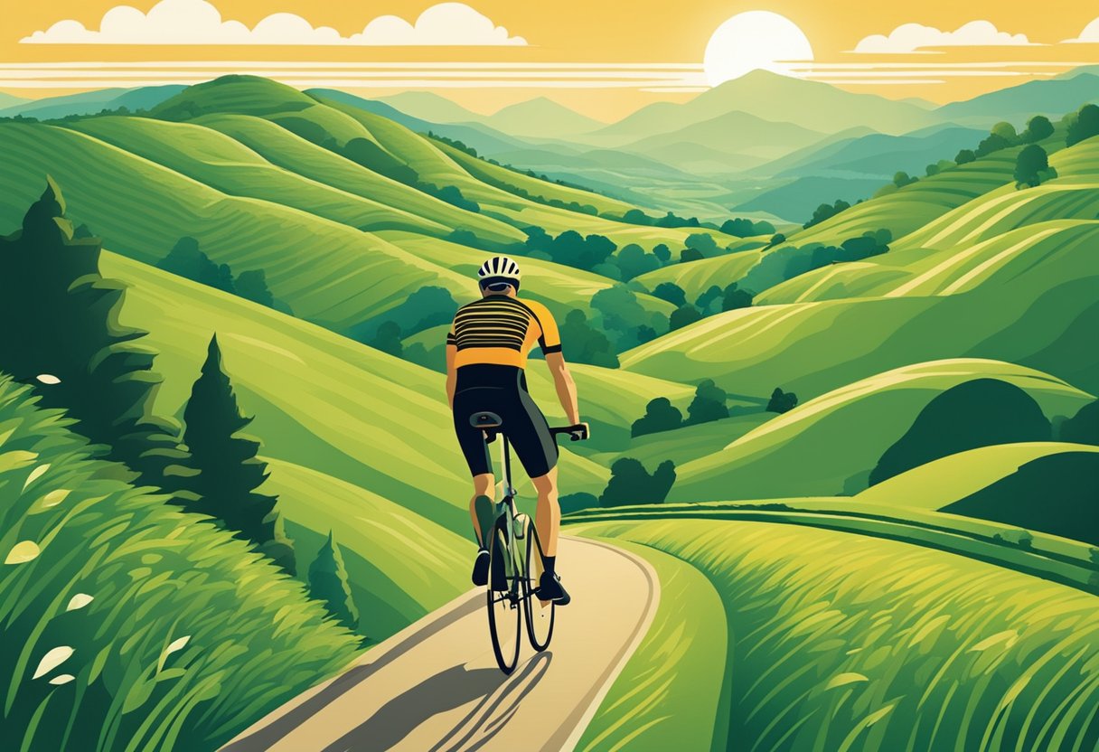 A cyclist riding through a scenic route with rolling hills and lush greenery, with a focus on the cardiovascular benefits of cycling
