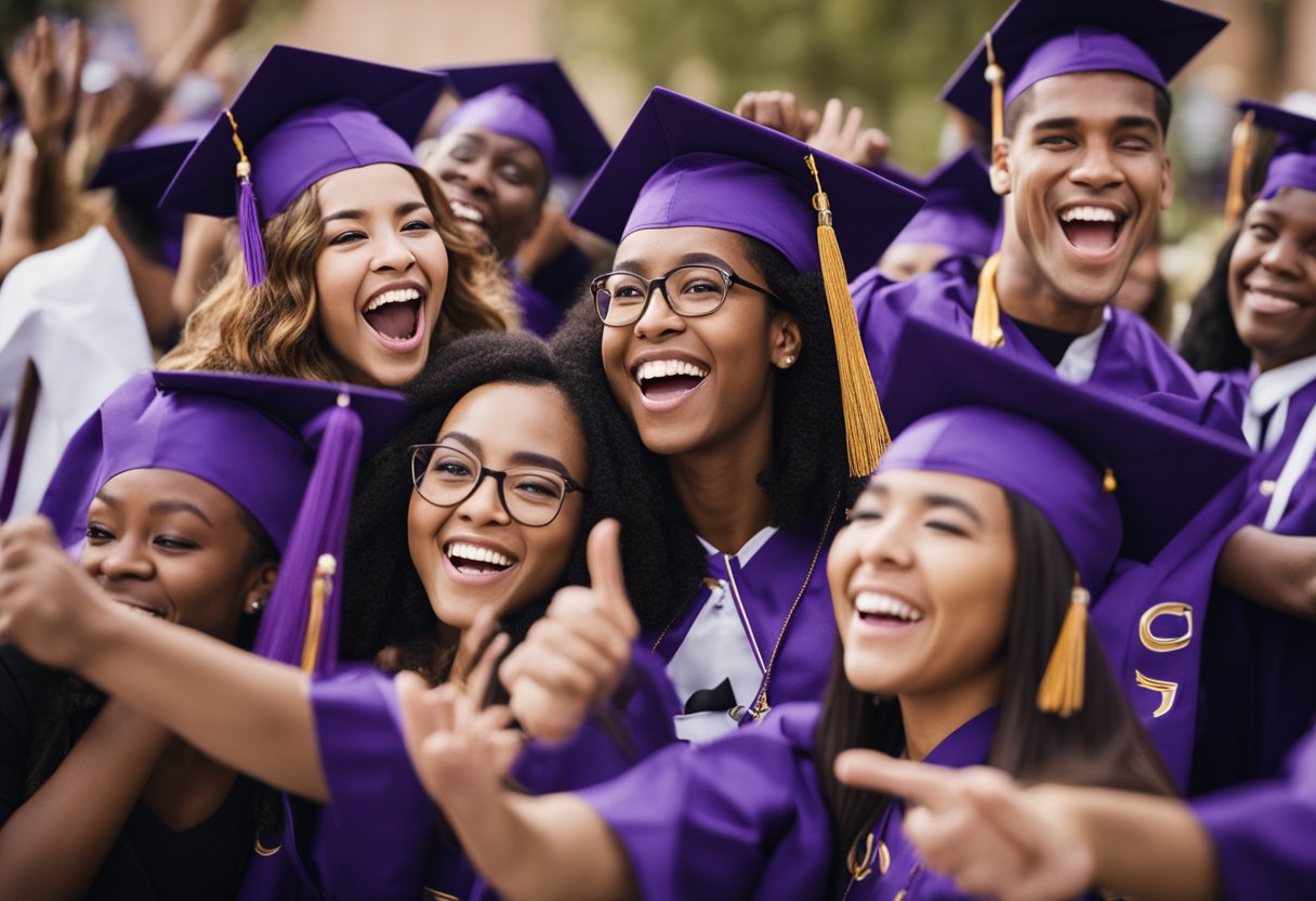 A group of diverse students celebrating with joy and excitement as they receive their GCU Academic Scholarships. The scene is filled with smiles, high-fives, and hugs, showcasing the sense of achievement and support within the GCU community