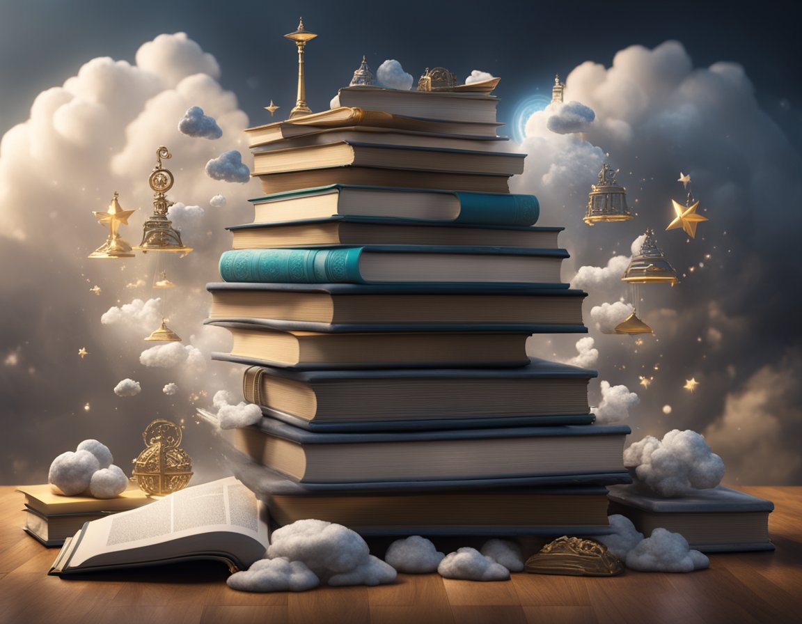 A stack of dream books and symbols, surrounded by swirling clouds and mysterious figures