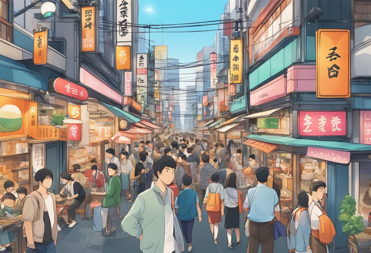 A bustling street in Tokyo with colorful signs and bustling crowds outside the 5 best sushi restaurants