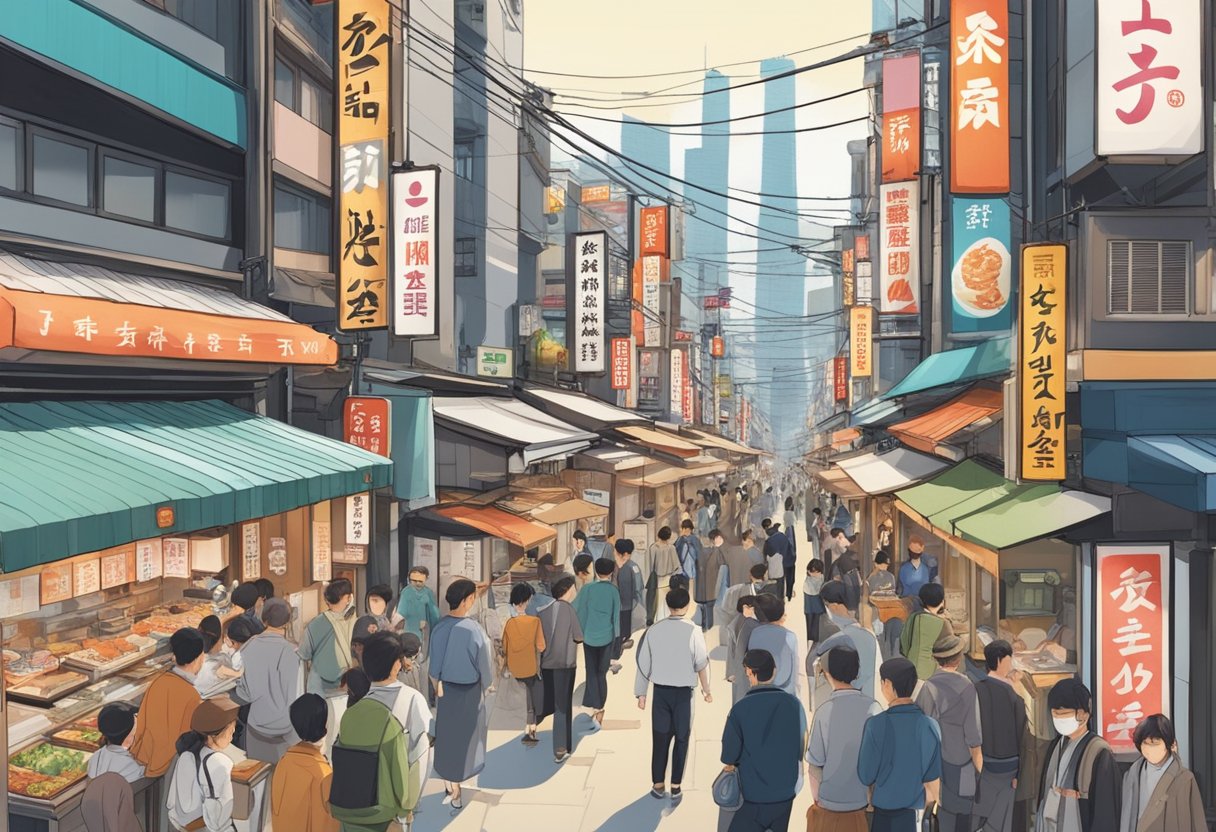 A bustling Tokyo street with colorful signs and bustling crowds, leading to a row of sleek sushi restaurants with chefs expertly preparing fresh fish