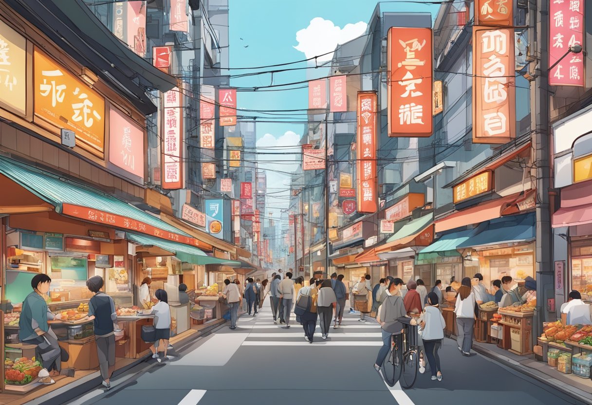 A bustling Tokyo street with 5 vibrant meat restaurants, each with unique signage and colorful exteriors, attracting a diverse crowd of food enthusiasts