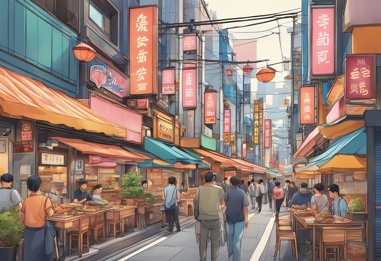 Vibrant Tokyo street with 5 iconic meat restaurants, each showcasing unique culinary styles and flavors