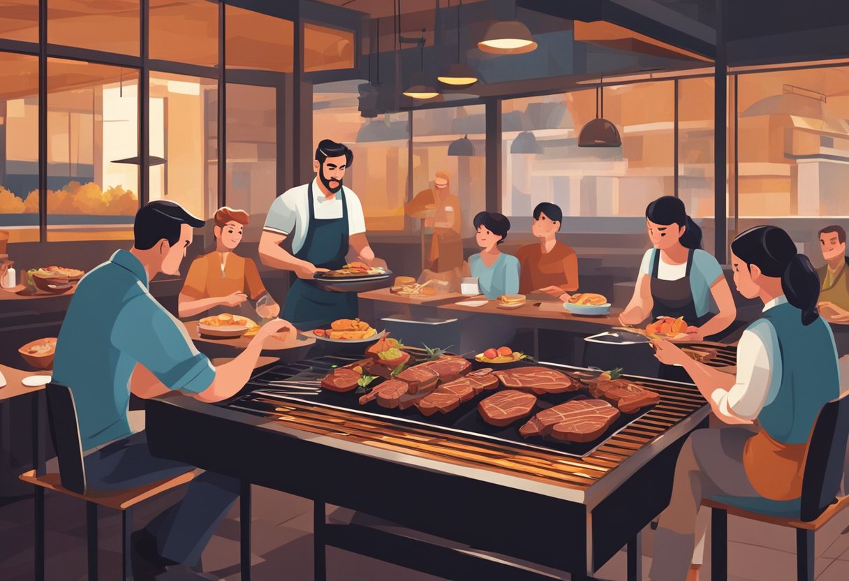 Customers sitting at low tables, grilling meat on personal charcoal grills. Servers bowing and presenting trays of premium cuts. Traditional decor and polite interactions