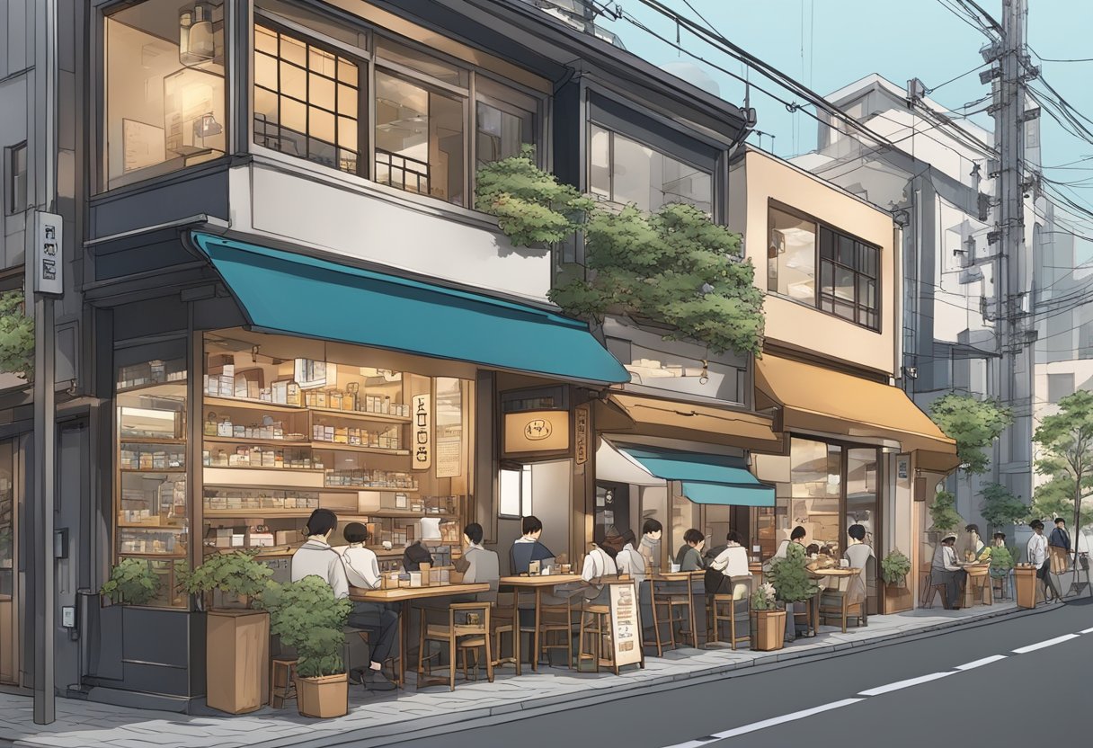 A bustling Tokyo street with 5 unique coffee shops, each with a distinct exterior and bustling with customers