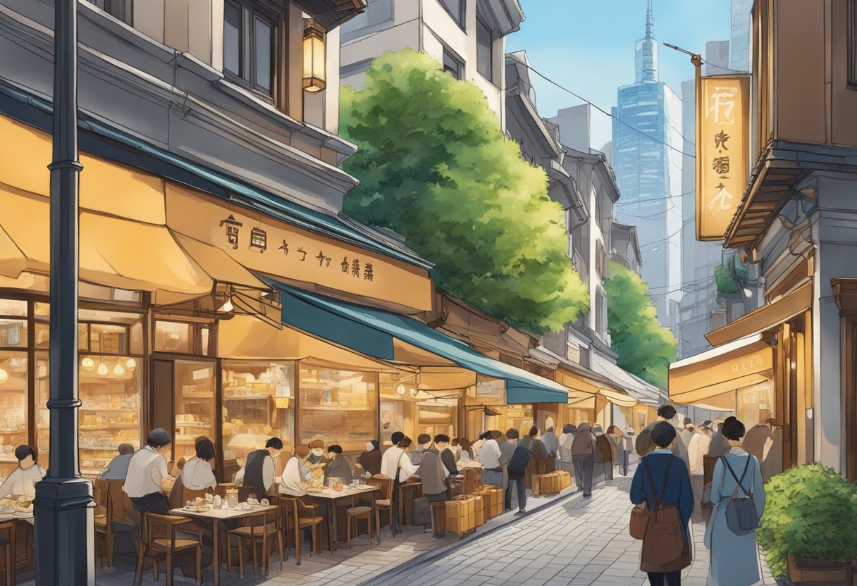 A bustling street in Tokyo lined with elegant French restaurants, each with a distinct charm and inviting ambiance. The aroma of freshly baked bread and rich sauces fills the air, drawing in passersby with promises of exquisite dining experiences
