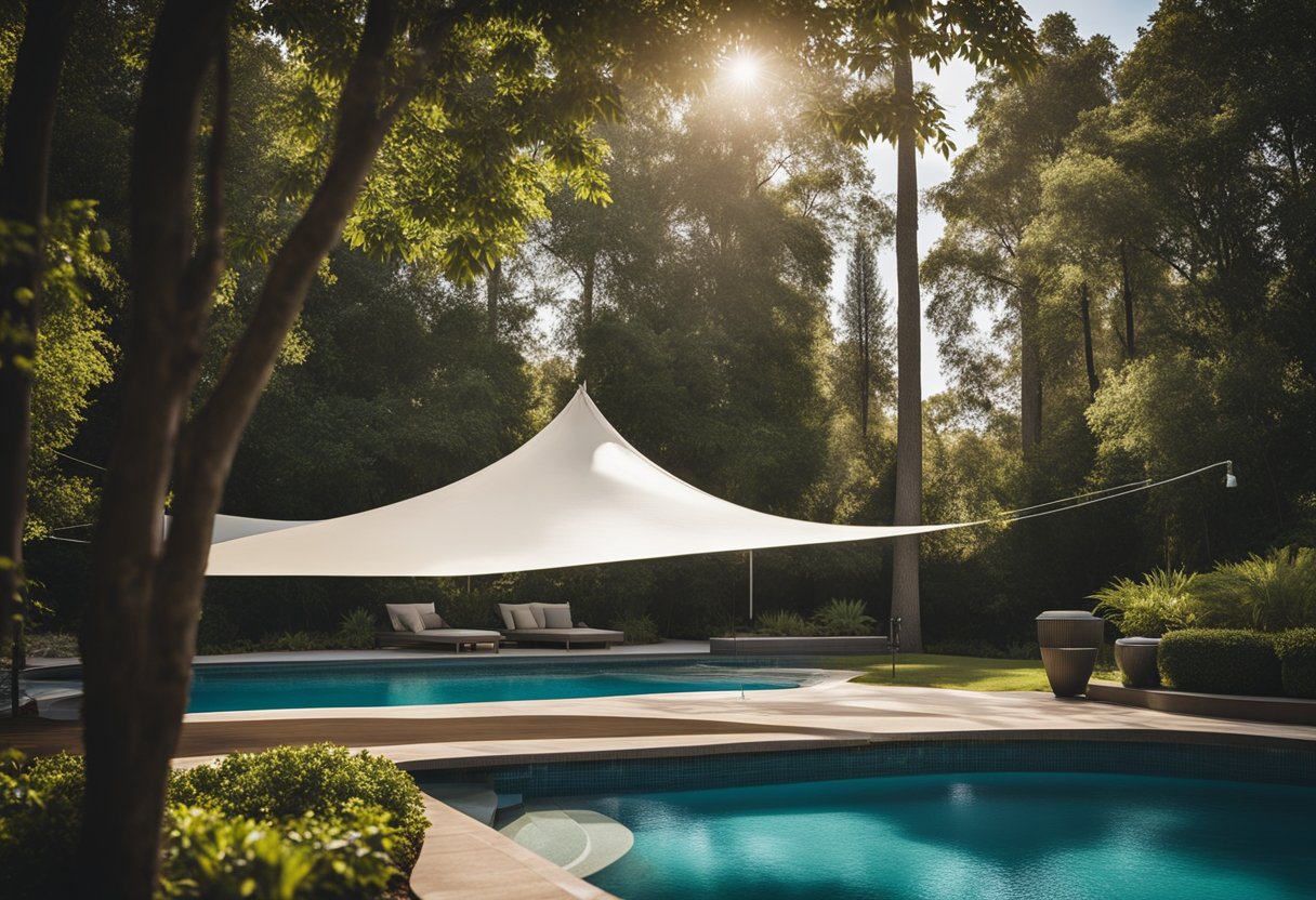 A large shade sail covers the pool, blocking direct sunlight. A fountain sprays water into the pool, creating a cooling effect. Tall trees provide additional shade, keeping the pool cool