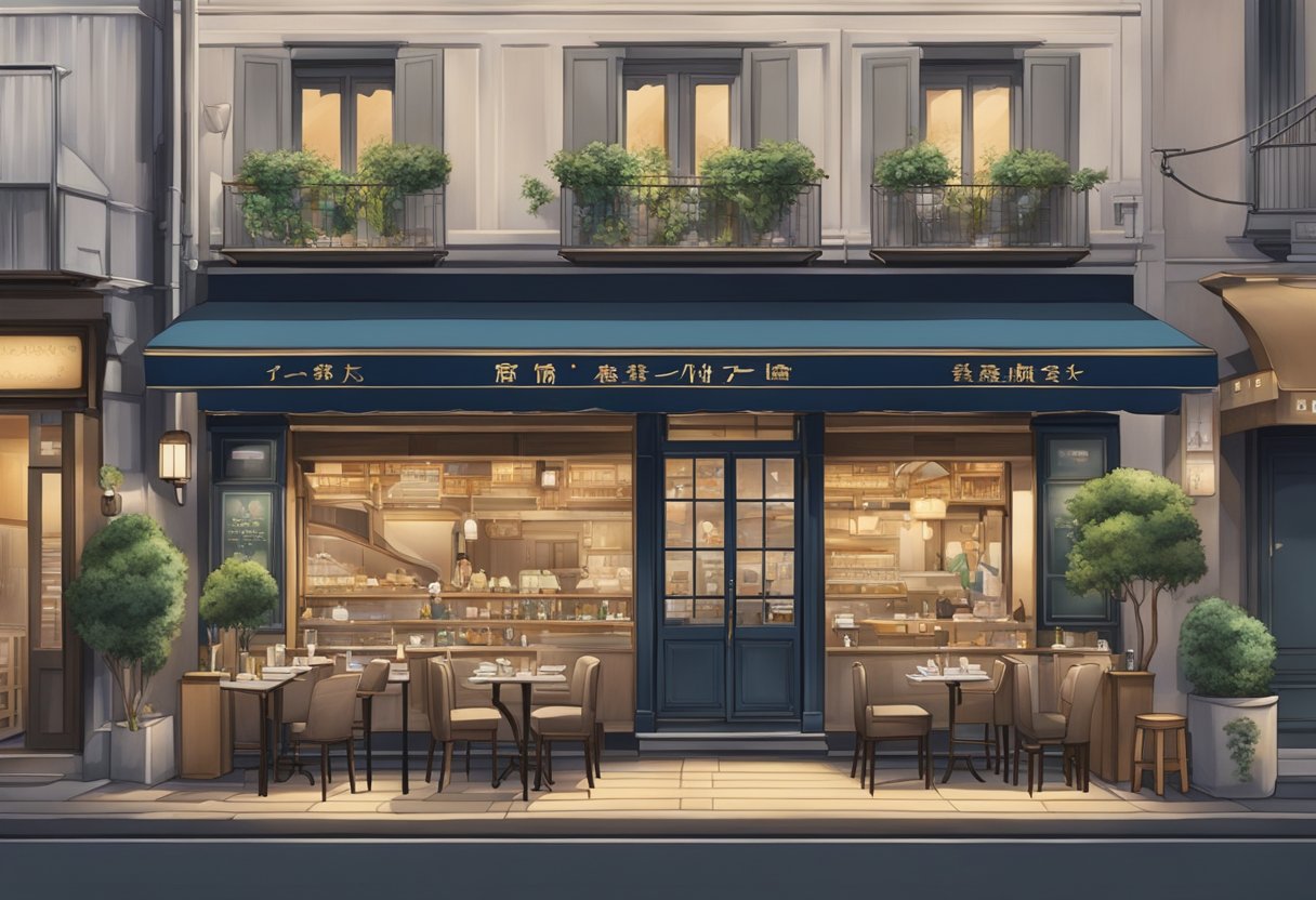 French restaurant facades line a bustling Tokyo street, each adorned with elegant signage and inviting aromas wafting from open windows