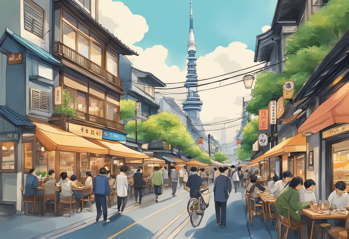 A bustling street in Tokyo with vibrant French restaurants, each with their own unique charm and style, attracting locals and tourists alike