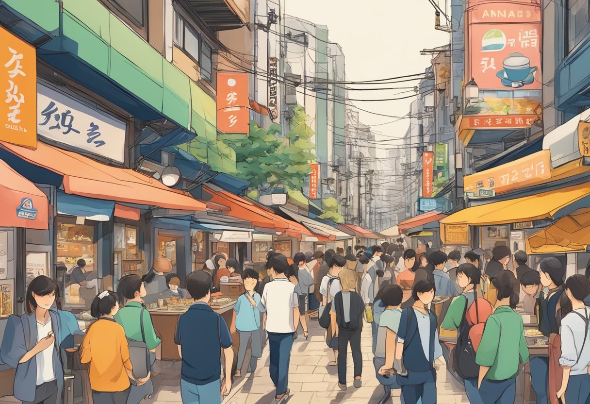 A bustling street in Tokyo, with vibrant signs and bustling crowds, showcasing the exteriors of the 5 best Italian restaurants