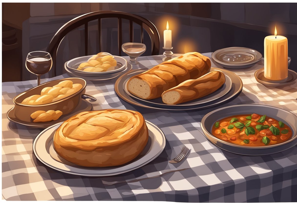 A cozy, dimly lit trattoria with checkered tablecloths, flickering candles, and the aroma of freshly baked bread and simmering sauces