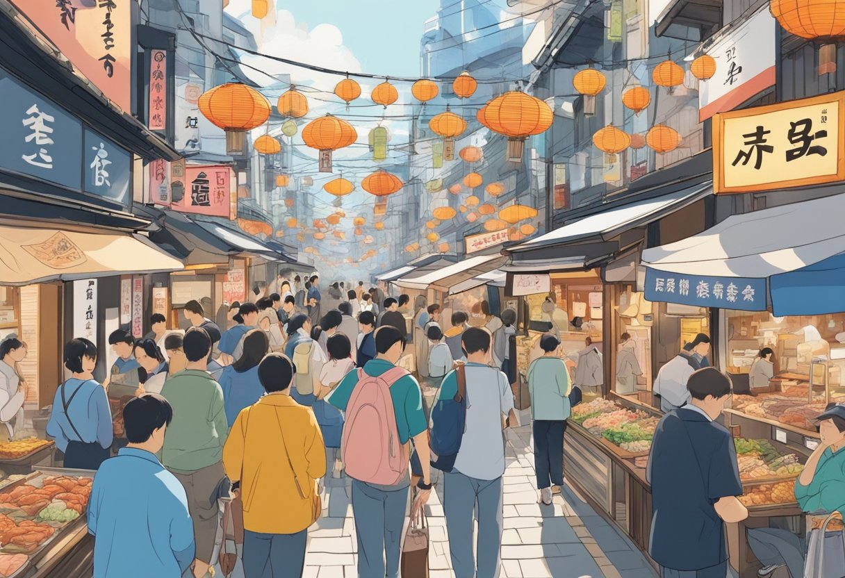 A bustling street in Tokyo, lined with colorful signs and bustling with people. The aroma of fresh seafood fills the air as patrons enter and exit the top 5 seafood restaurants in the city